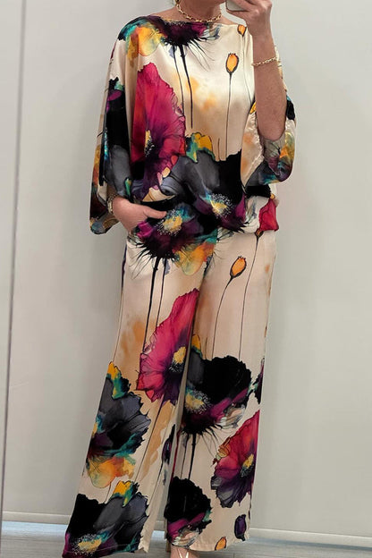 Hannah - Casual Round Neck Printed Satin Suit