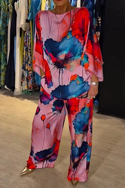 Hannah - Casual Round Neck Printed Satin Suit