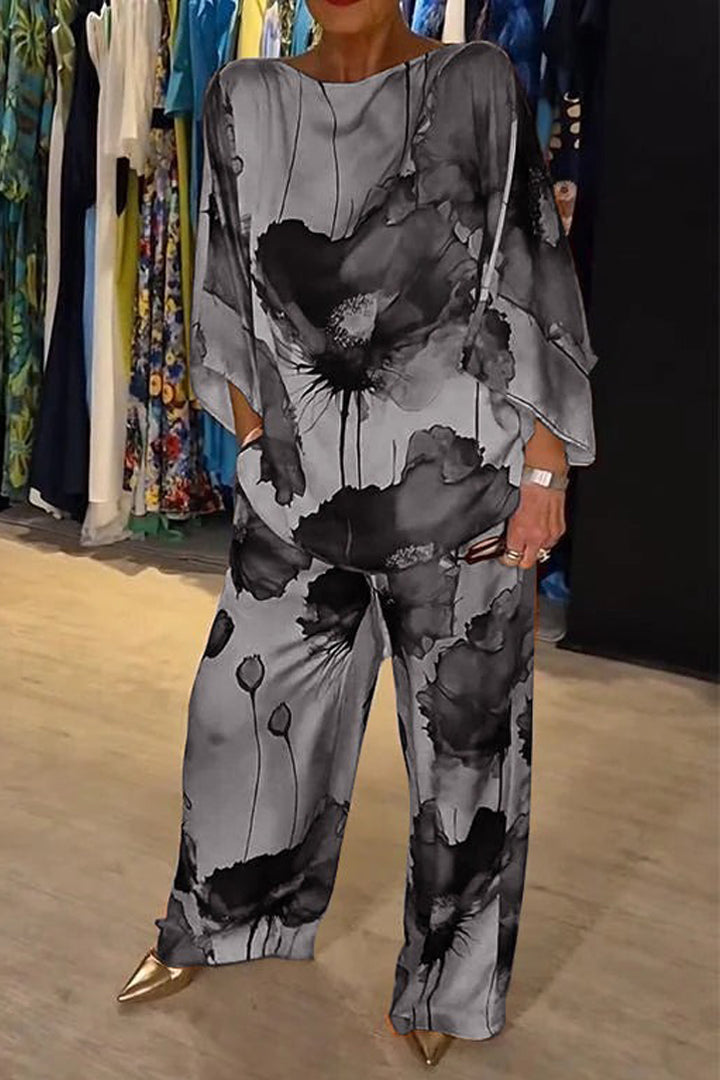 Myla - Casual Round Neck Printed Satin Suit