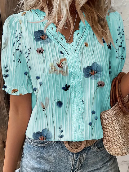 Sunny Bloom | Floral Lace Trim Blouse